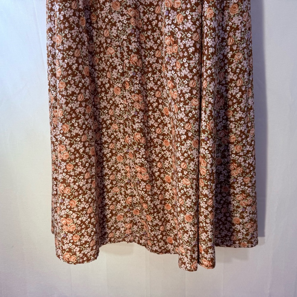 Astr Floral Puff Sleeve Maxi Dress - Pink and Brown Sz L Front Cutout Coquette - Picture 9 of 15
